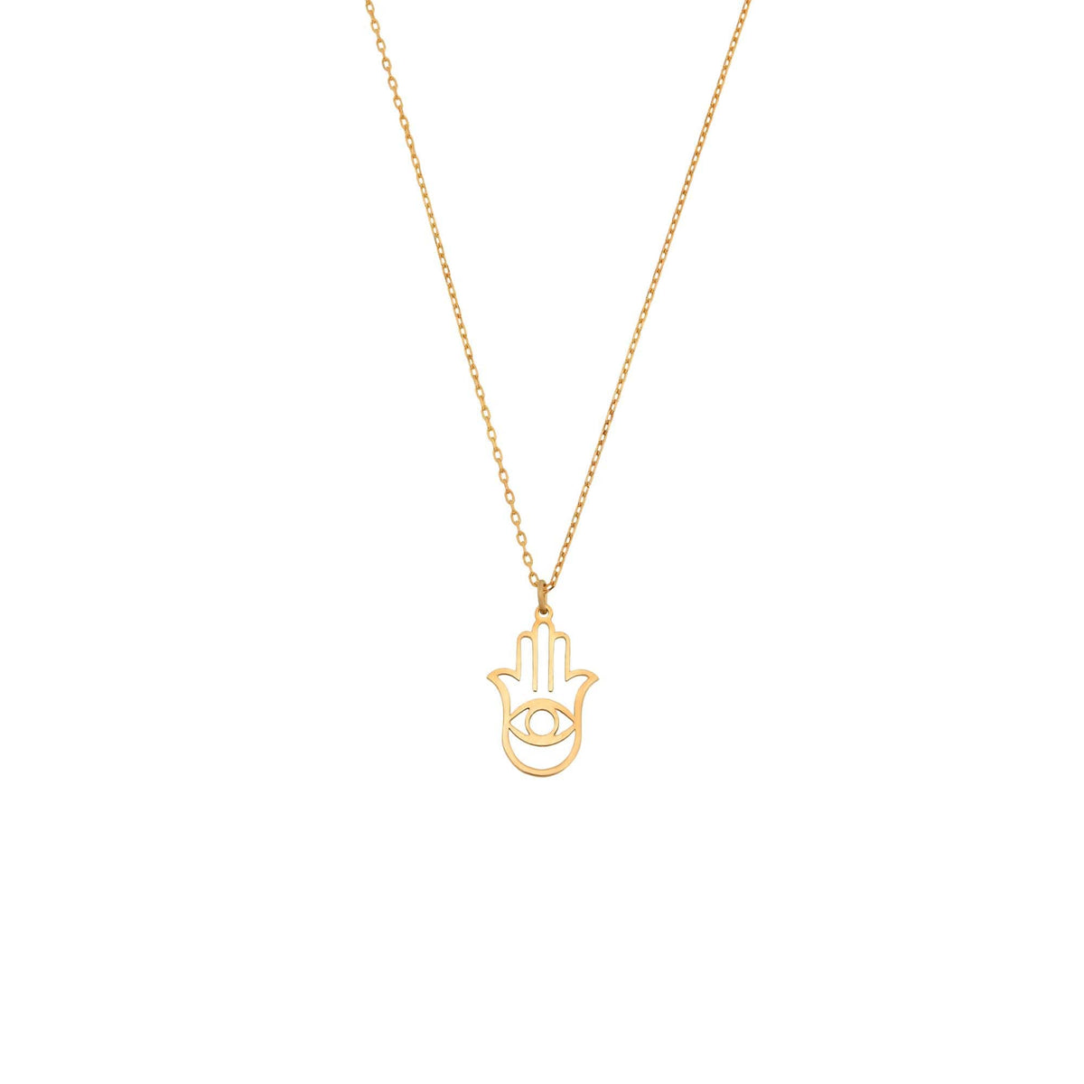 14K Gold Hamsa Necklace, Open Outline Evil Eye Hand Pendant, Minimalist Protection Charm, Gift for Her