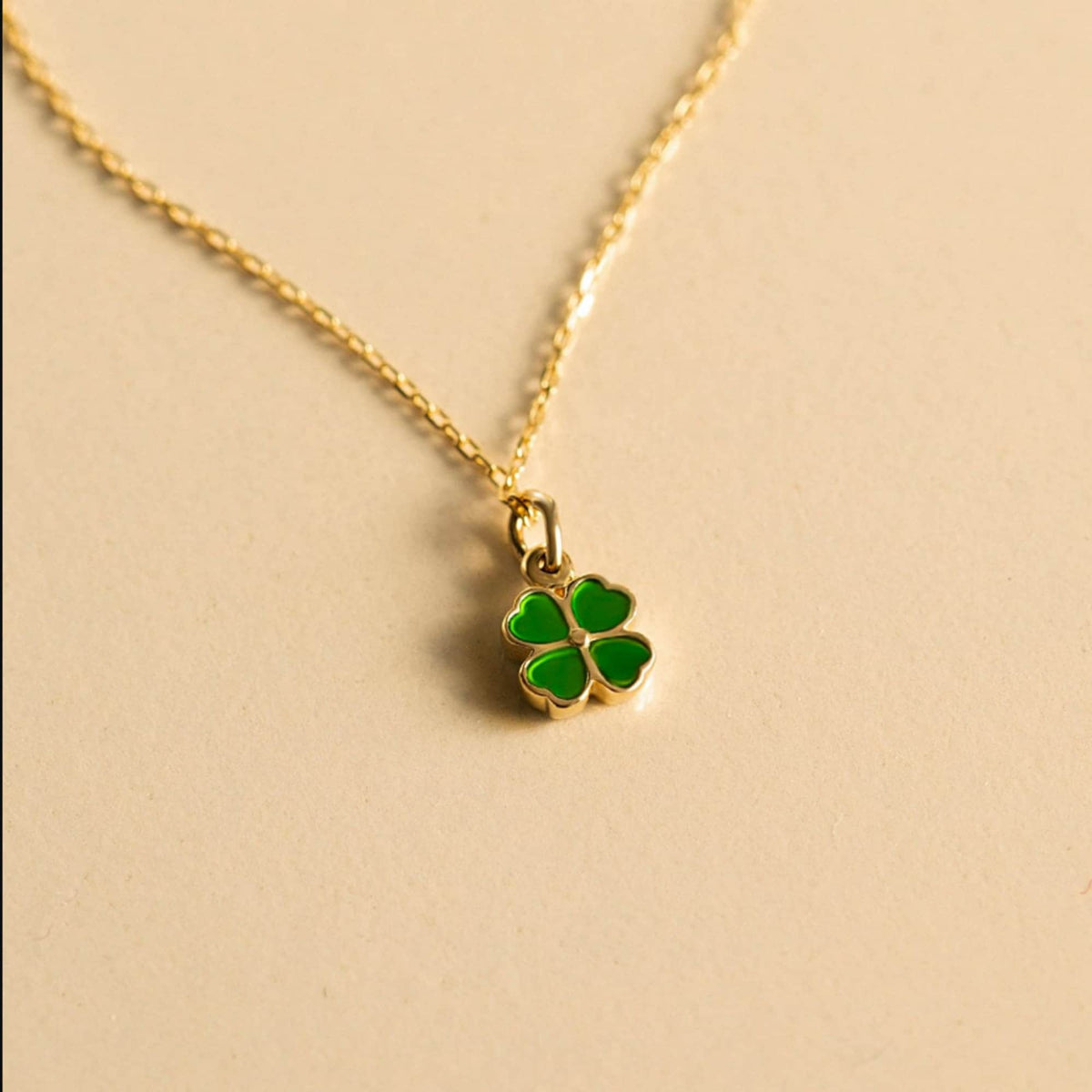 14K Gold Green Enamel Clover Necklace, Four Leaf Clover Pendant, Good Luck Charm, Gift for Her
