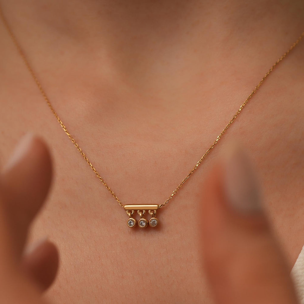 14K Gold Bar Necklace with Lab Diamond Drops, Triple Dangle Diamond Charm, Modern Bezel Set Pendant, Gift for Her