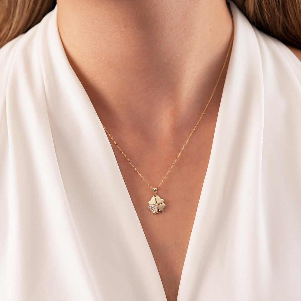14K Gold CZ Four Leaf Clover Necklace, Pave Petal Clover Pendant, Lucky Charm, Gift for Her