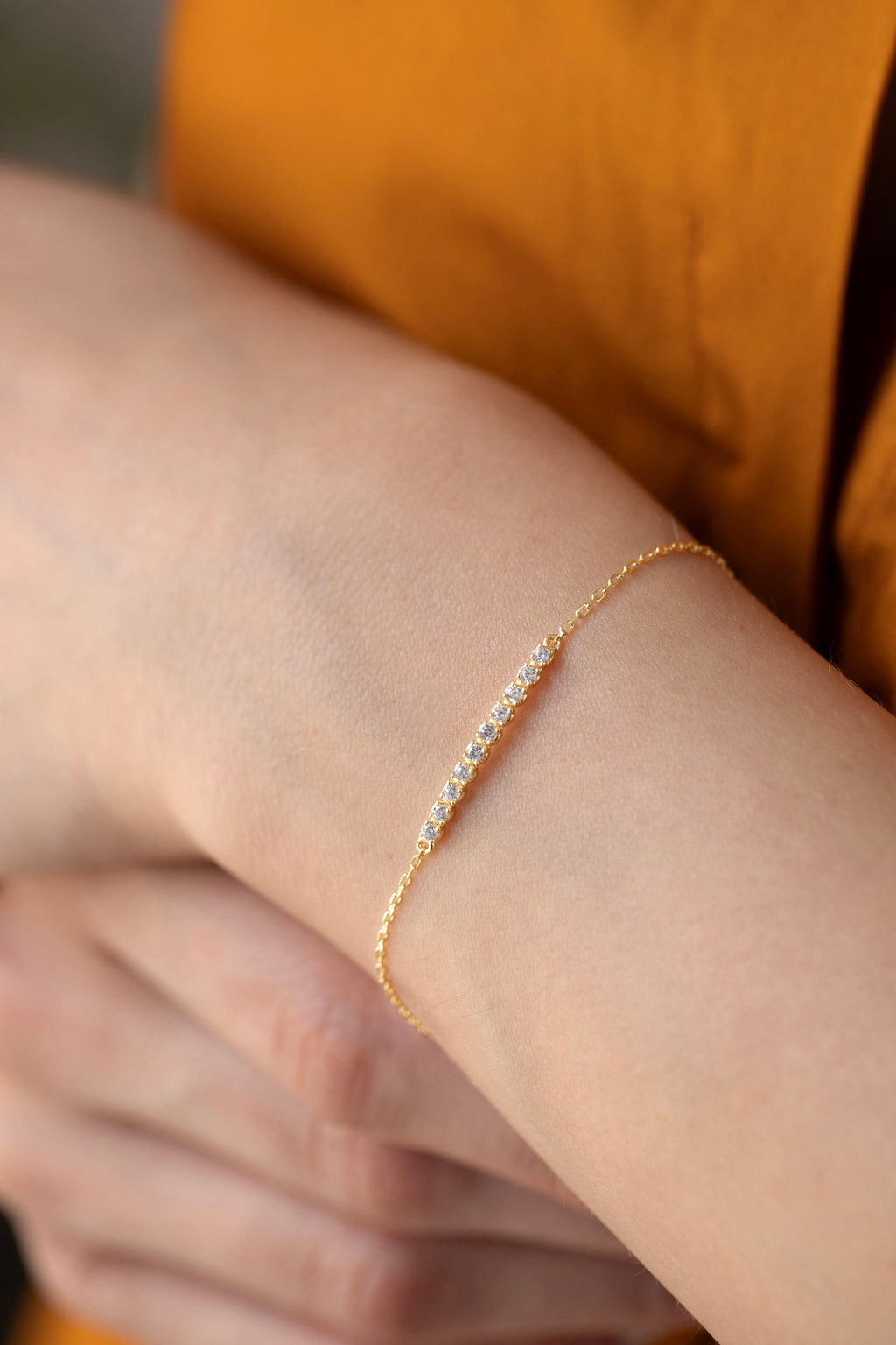 14K Gold Lab Diamond Bar Bracelet, Pave Sparkle Chain Bracelet, Delicate Everyday Bracelet, Minimalist Fine Jewelry