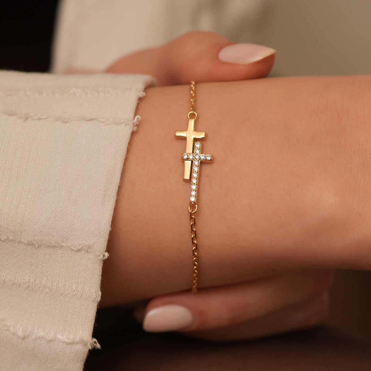 14K Gold Double Cross Bracelet, Pave Lab Diamond Layered Cross Chain Bracelet, Modern Faith Jewelry, Gift for Her