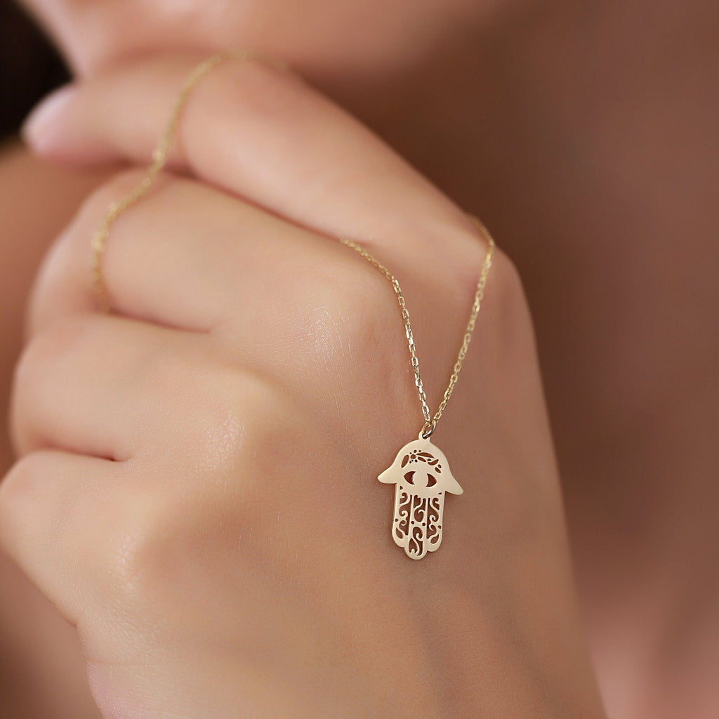 14K Gold Hamsa Necklace, Engraved Evil Eye Hand Pendant, Fatima's Hand Charm, Protection Jewelry, Gift for Her