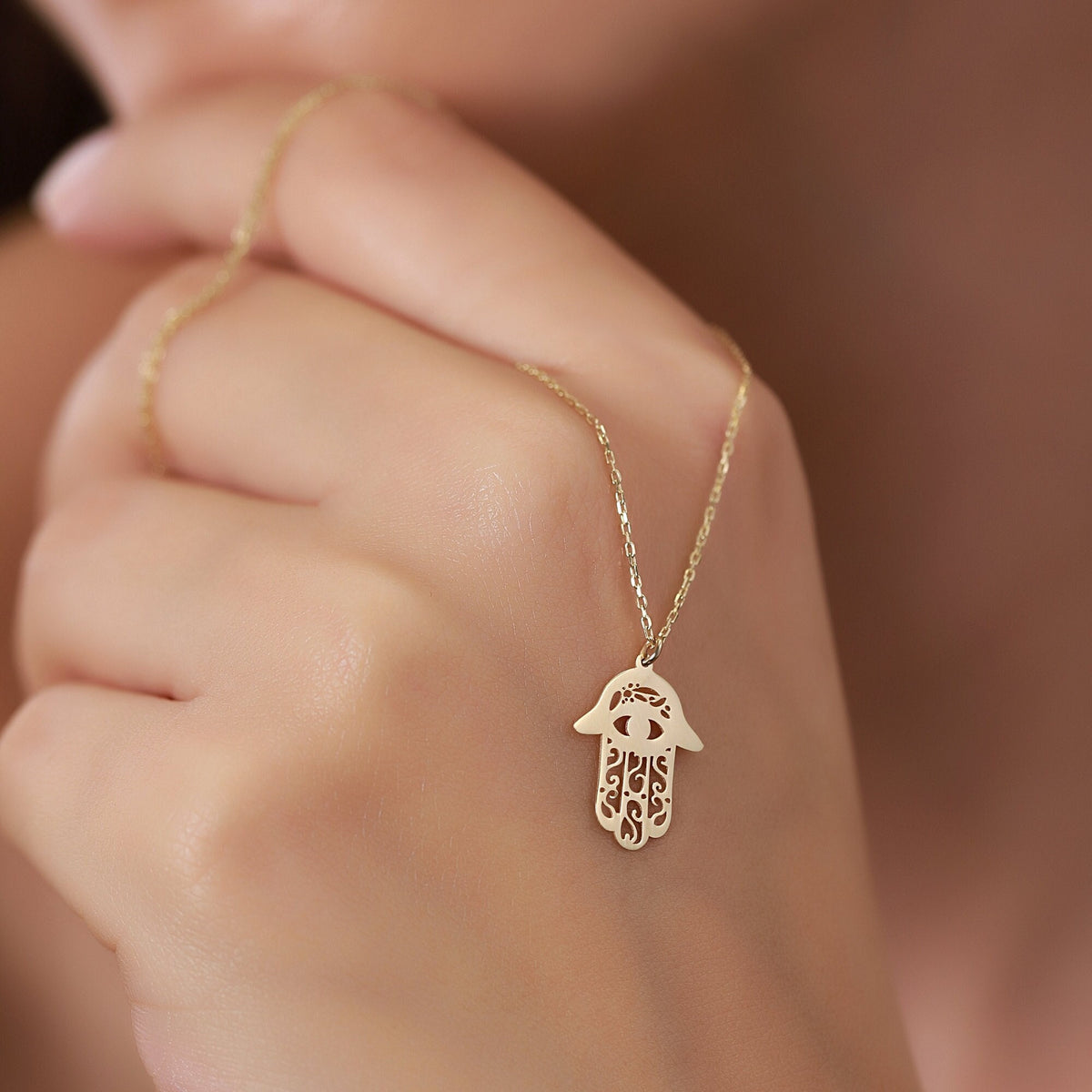 14K Gold Hamsa Necklace, Engraved Evil Eye Hand Pendant, Fatima's Hand Charm, Protection Jewelry, Gift for Her