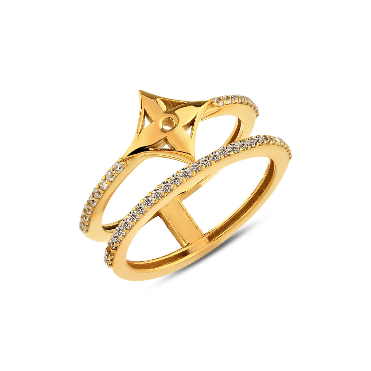 14K Gold Pave Lab Diamond Star Ring, Double Band Criss Cross Ring, Sparkling Compass Ring, Statement Stacking Ring, Gift for Her