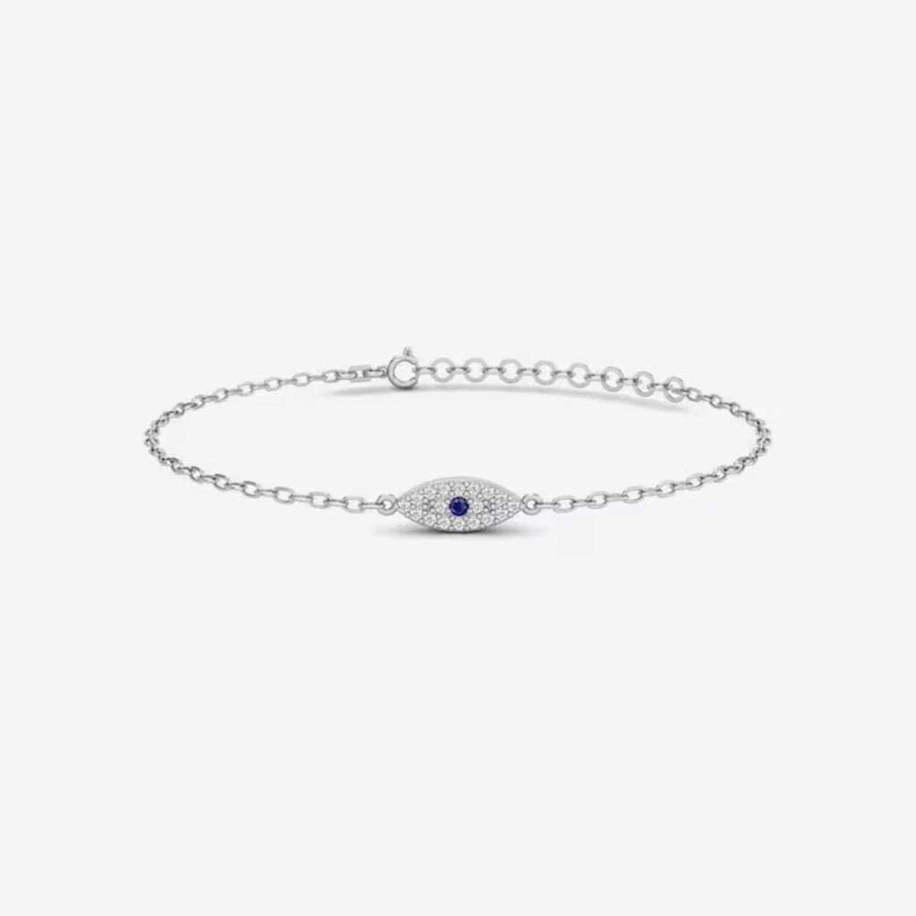 14K Gold Evil Eye Bracelet, Pave Lab Diamond Sapphire Eye Chain Bracelet, Protection Symbol Jewelry, Delicate Everyday Bracelet