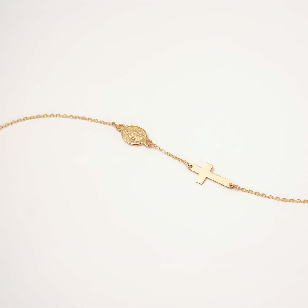 14K Gold Cross and Virgin Mary Bracelet, Religious Medallion Chain Bracelet, Catholic Faith Jewelry, Delicate Gift for Her