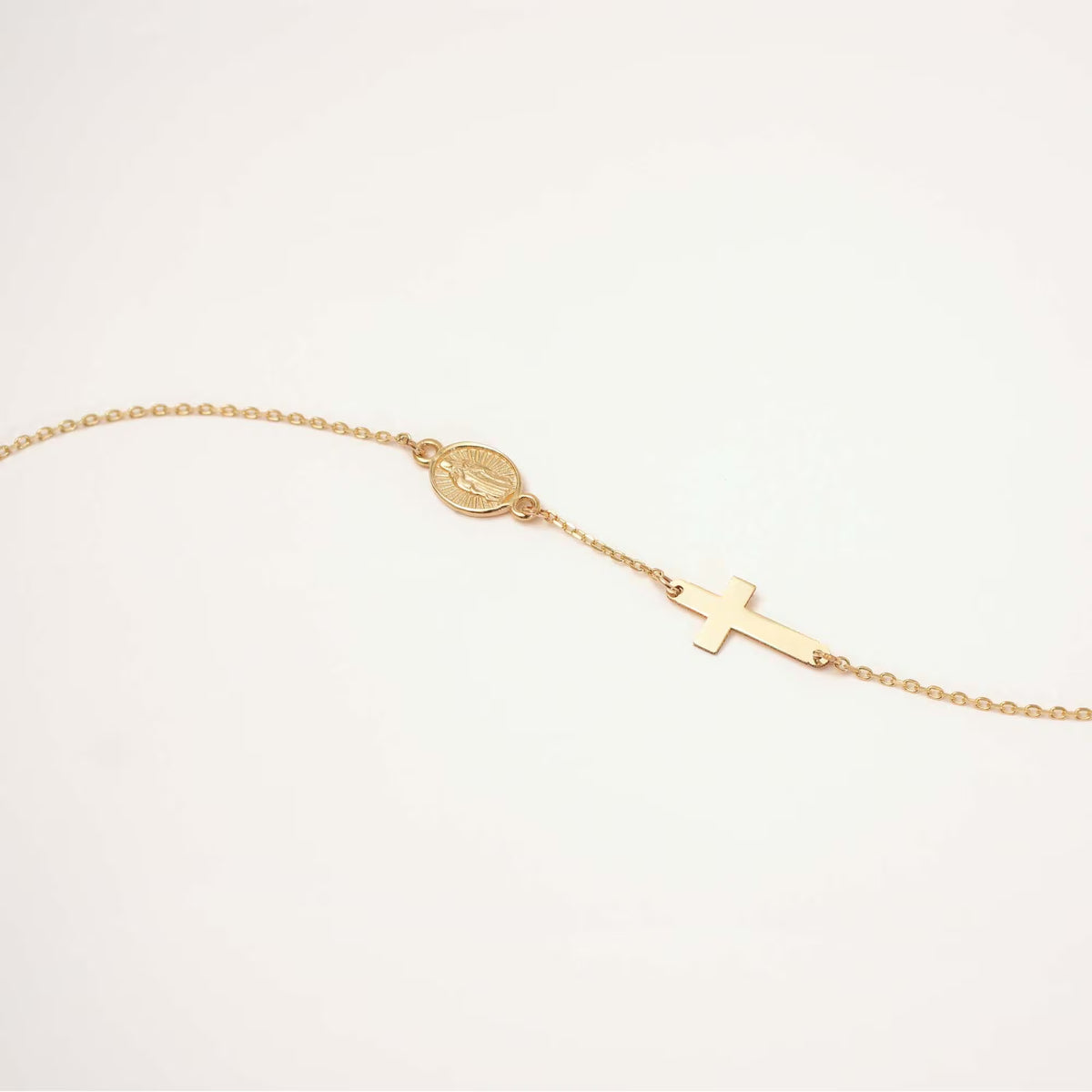14K Gold Cross and Virgin Mary Bracelet, Religious Medallion Chain Bracelet, Catholic Faith Jewelry, Delicate Gift for Her