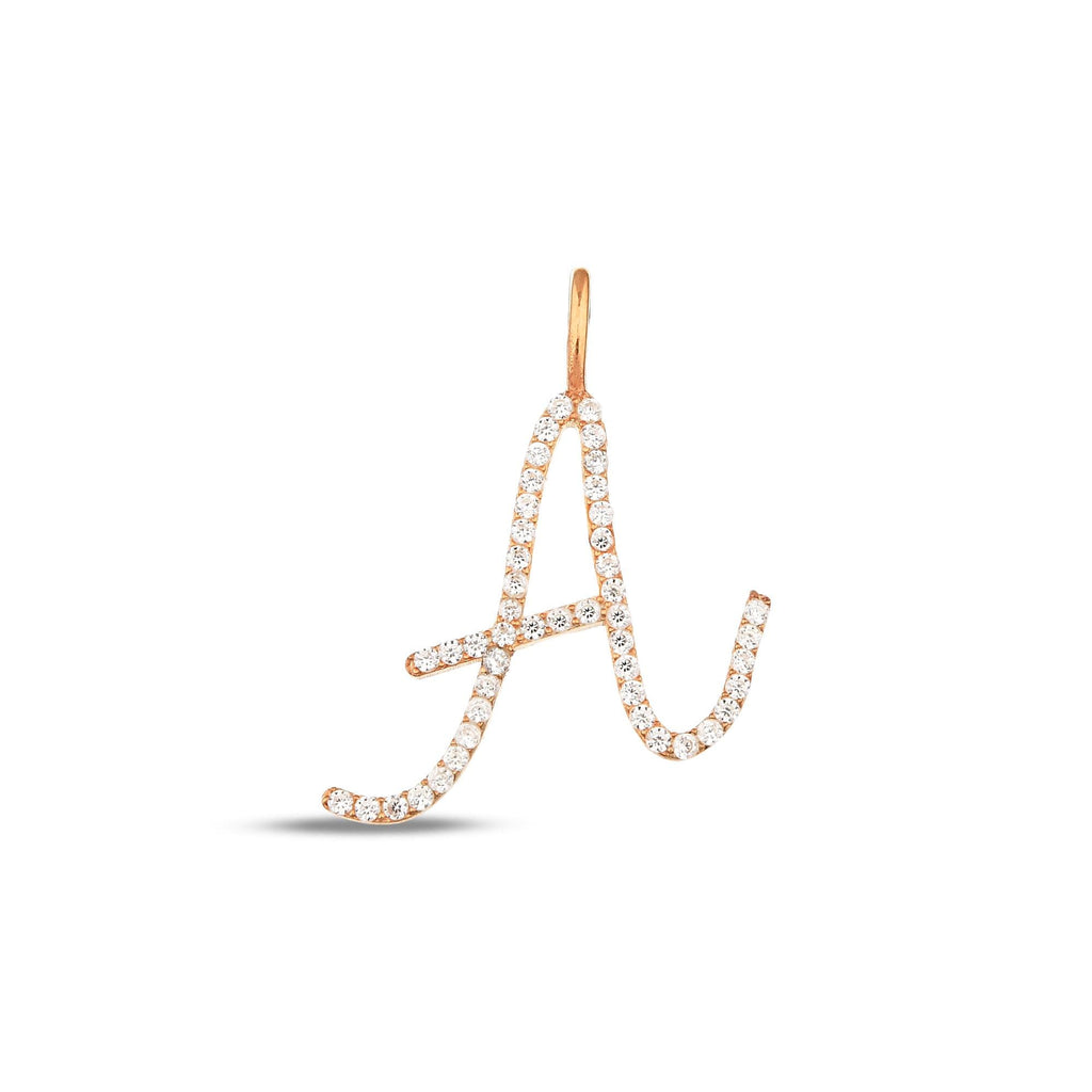 14K Gold Cursive Letter Charm, Pave Lab Diamond Script Initial Pendant, Personalized Alphabet Charm A-Z, Elegant Letter Jewelry