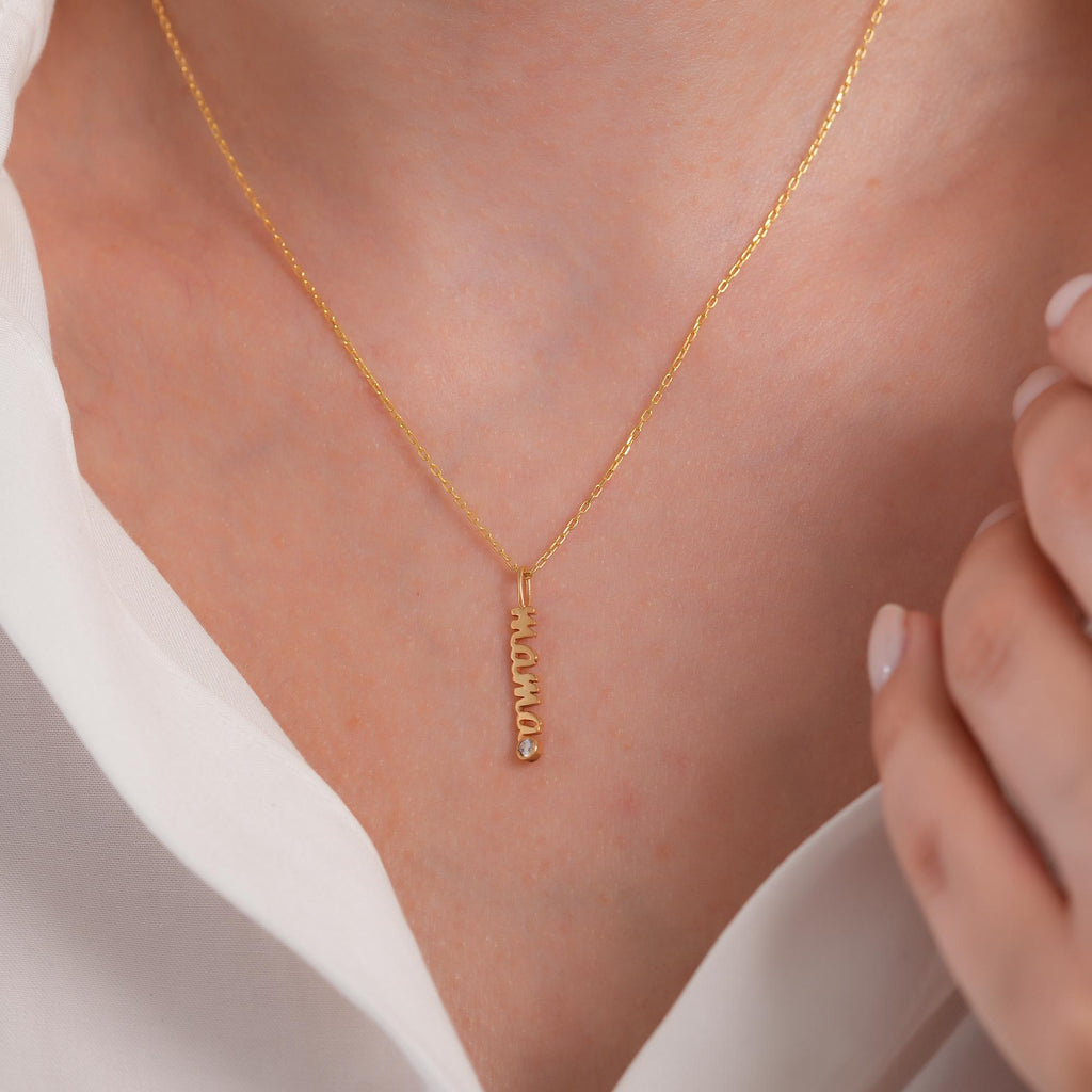 14K Gold Mama Charm, Vertical Script Pendant, New Mom Lab Diamond Accent Charm, Mother's Day Jewelry, Gift for Her