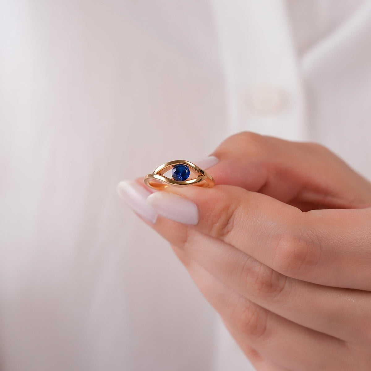 14K Gold Evil Eye Ring, Blue Sapphire Eye Ring, Sculptural Protection Ring, Modern Nazar Ring, Gift for Her