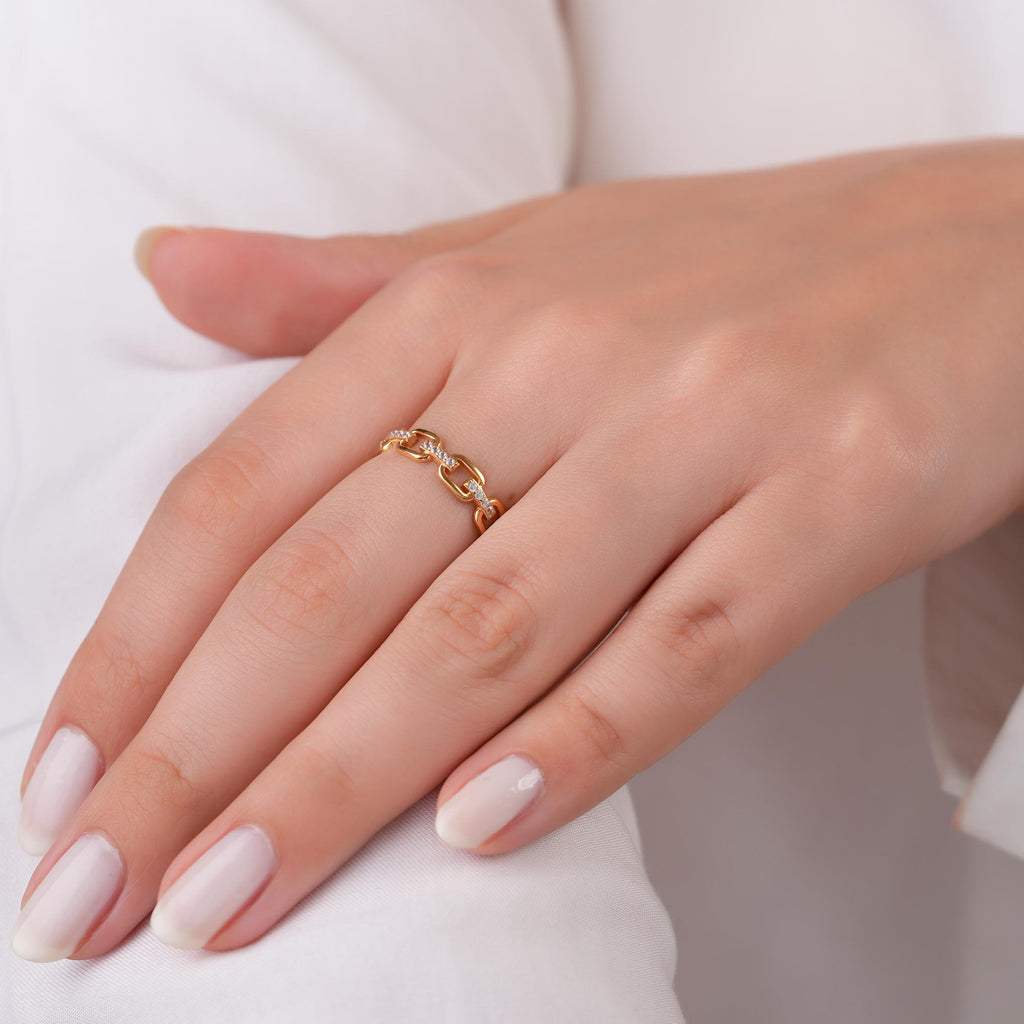 14K Gold Pave Chain Link Ring, Lab Diamond Paperclip Ring, Sparkling Link Stacking Ring, Modern Statement Ring, Gift for Her