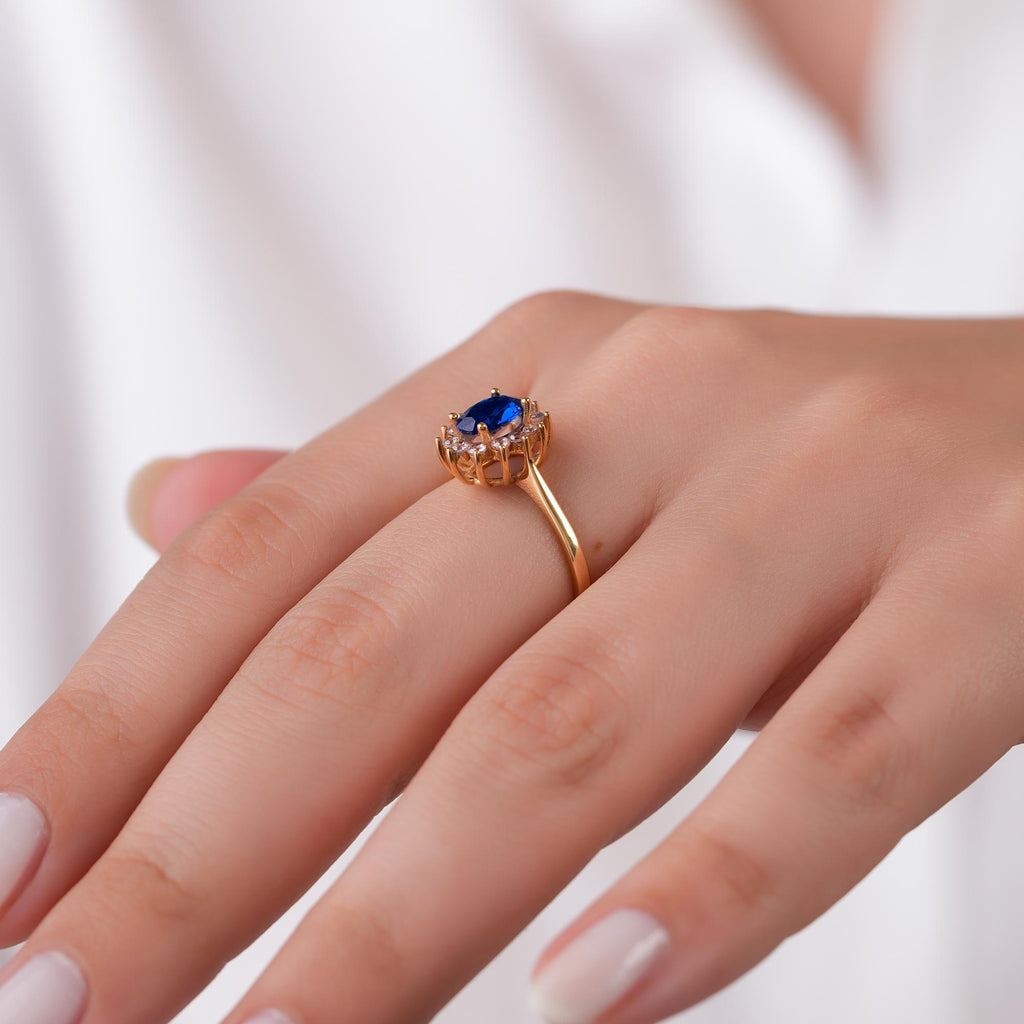 14K Gold Sapphire Halo Ring, Oval Blue Stone Lab Diamond Ring, Vintage Princess Style Ring, Statement Engagement Ring, Gift for Her