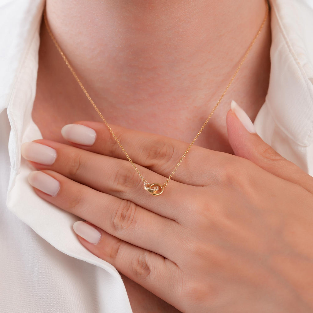 14K Gold Interlocking Circle Necklace, Lab Diamond Double Ring Pendant, Linked Circles Charm, Gift for Her