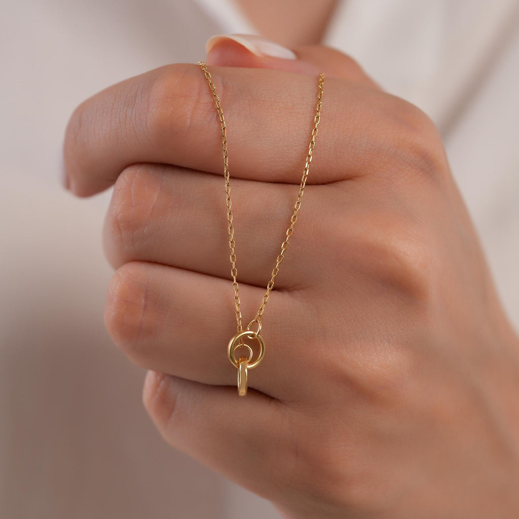 14K Solid Gold Interlocking Circle Necklace, Double Ring Pendant, Minimalist Linked Circles, Gift for Her