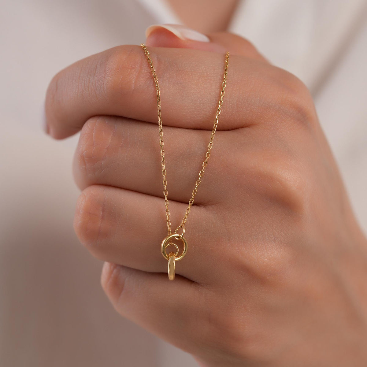 14K Solid Gold Interlocking Circle Necklace, Double Ring Pendant, Minimalist Linked Circles, Gift for Her