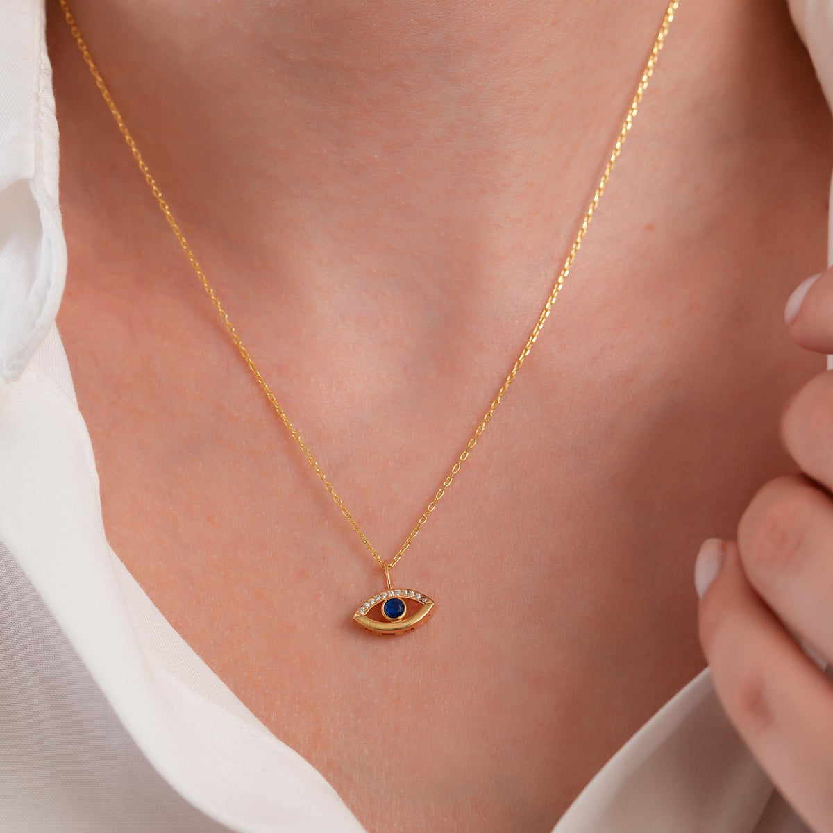 14K Gold Evil Eye Charm, Pave Lab Diamond Sapphire Eye Pendant, Protection Symbol Jewelry, Modern Nazar Charm, Gift for Her