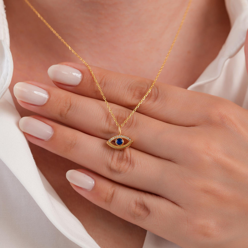 14K Gold Evil Eye Charm, Pave Lab Diamond Sapphire Eye Pendant, Protection Symbol Jewelry, Modern Nazar Charm, Gift for Her