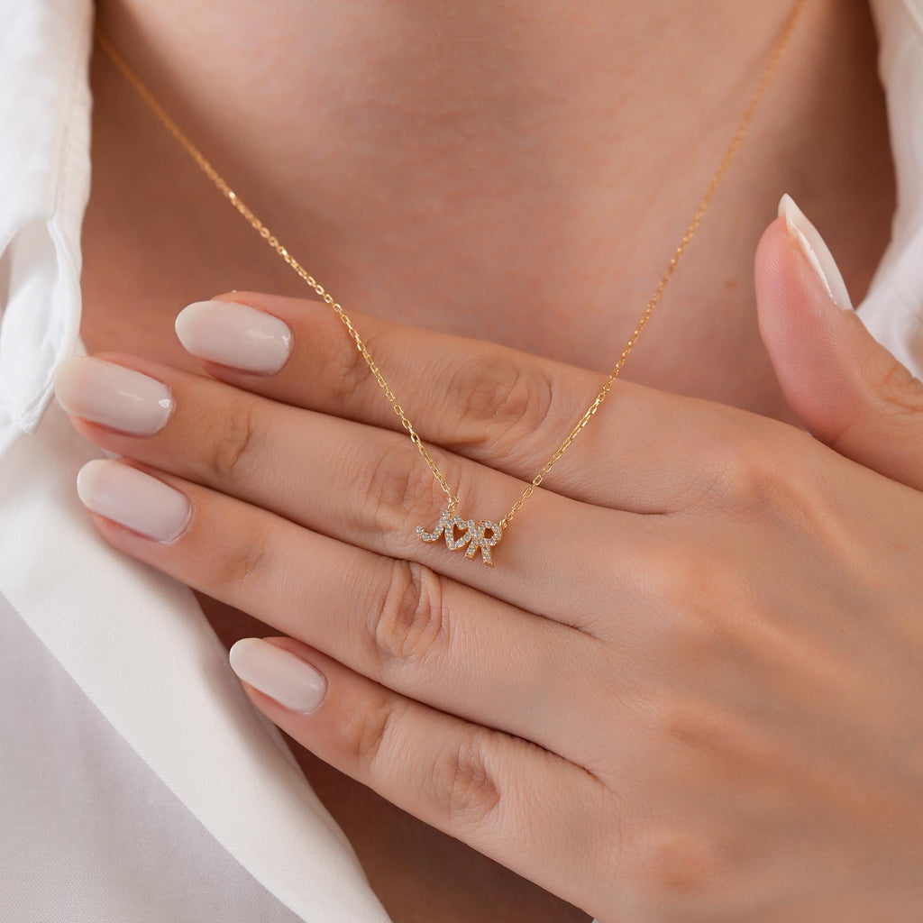 14K Gold Custom Initial Necklace, Lab Diamond Letter Heart Pendant, Personalized Couple Necklace, Gift for Her
