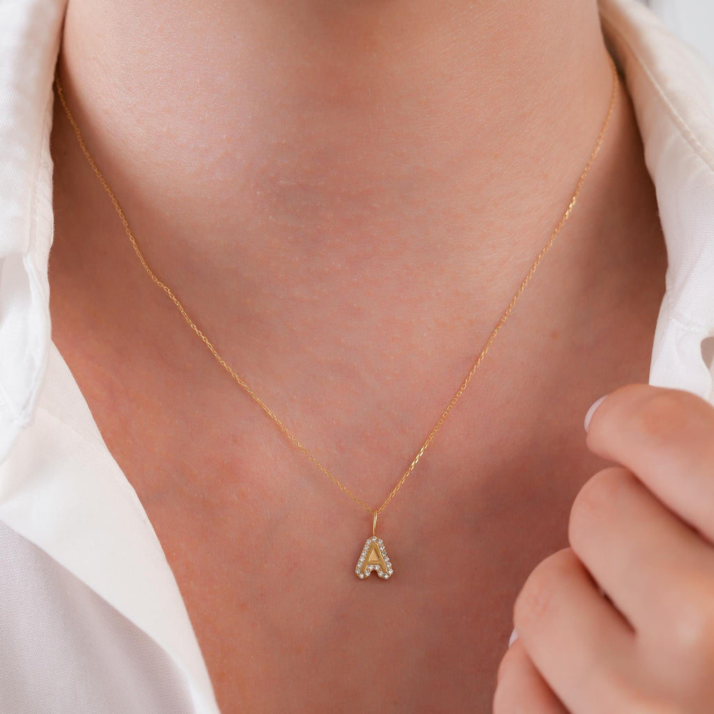 14K Gold Bubble Letter Charm, Pave Lab Diamond Halo Initial Pendant, Personalized Alphabet Charm A-Z, Chunky Letter Jewelry, Gift for Her