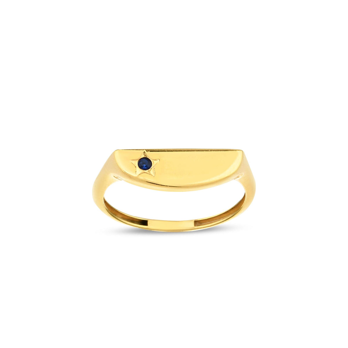 14K Gold Star Signet Ring, Blue Sapphire Accent Ring, Modern Flat Top Ring, Unisex Signet Style, Gift for Her