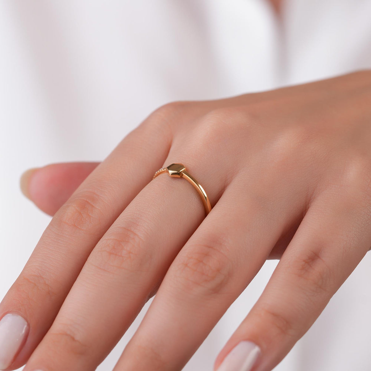 14K Gold Hexagon Ring, Geometric Pave Lab Diamond Ring, Minimalist Stacking Ring, Modern Solid Gold Ring, Gift for Her