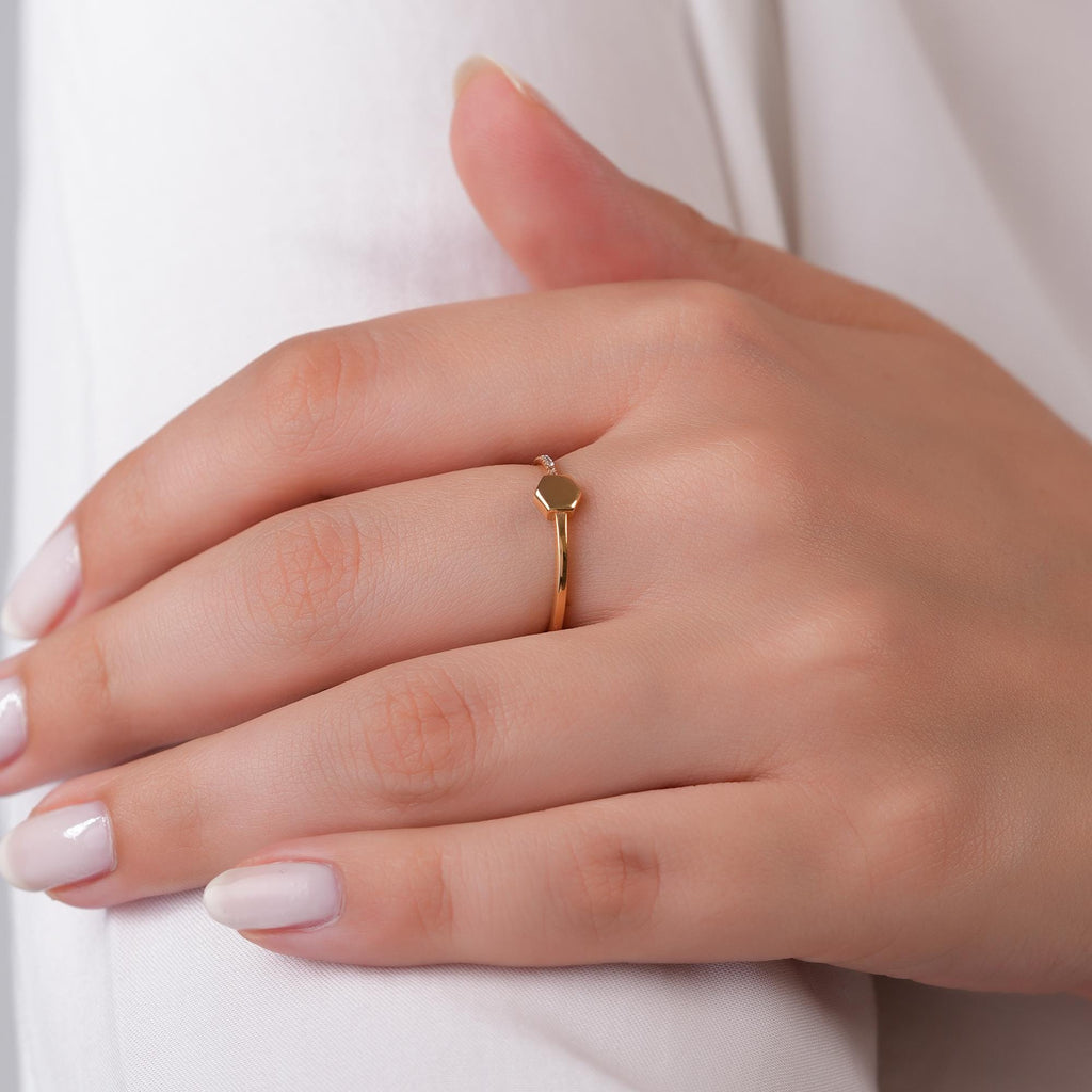 14K Gold Hexagon Ring, Geometric Pave Lab Diamond Ring, Minimalist Stacking Ring, Modern Solid Gold Ring, Gift for Her