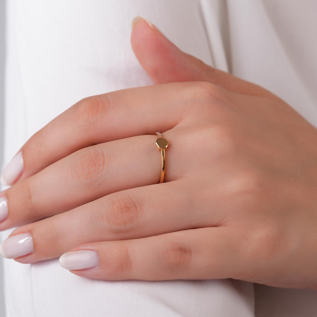 14K Gold Hexagon Ring, Geometric Pave Lab Diamond Ring, Minimalist Stacking Ring, Modern Solid Gold Ring, Gift for Her