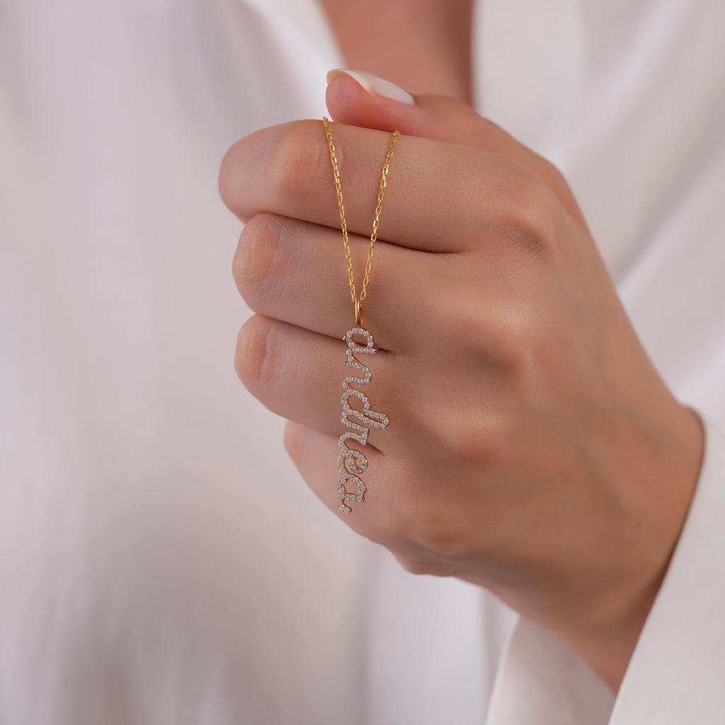 Personalized Script Letter Necklace - 10K 14K Solid Gold Lab Diamond Name Charm