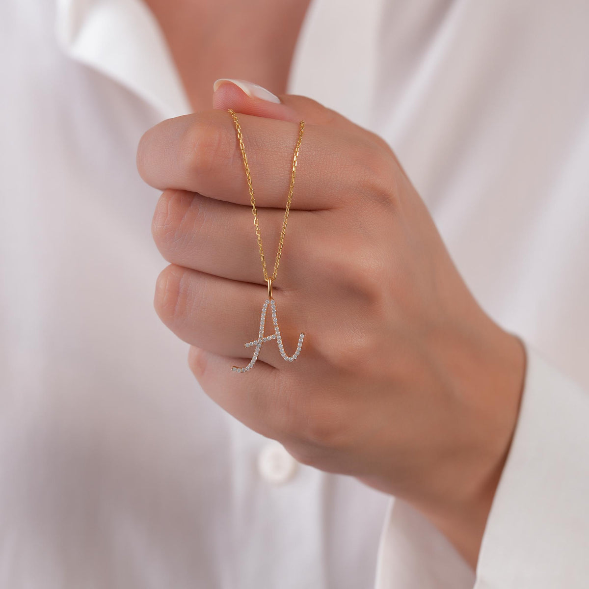 14K Gold Cursive Letter Charm, Pave Lab Diamond Script Initial Pendant, Personalized Alphabet Charm A-Z, Elegant Letter Jewelry
