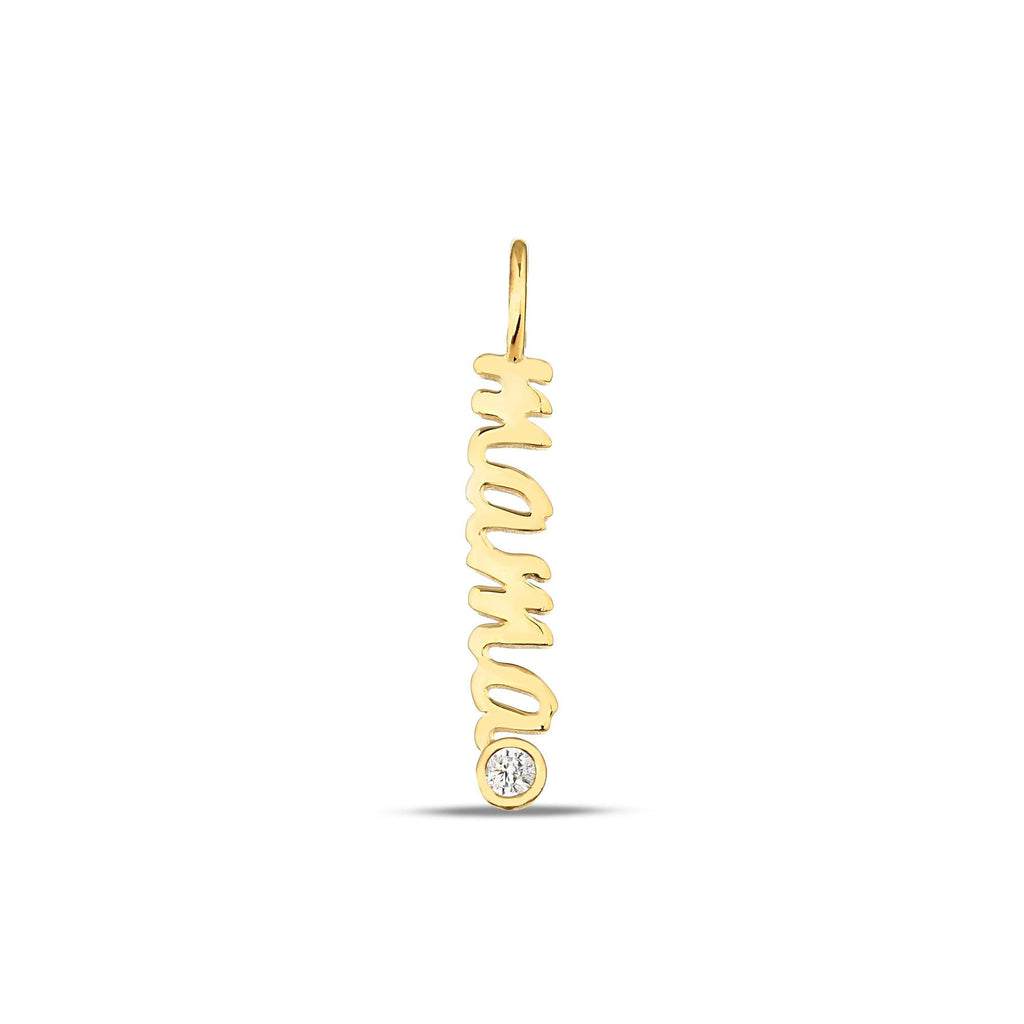 14K Gold Mama Charm, Vertical Script Pendant, New Mom Lab Diamond Accent Charm, Mother's Day Jewelry, Gift for Her