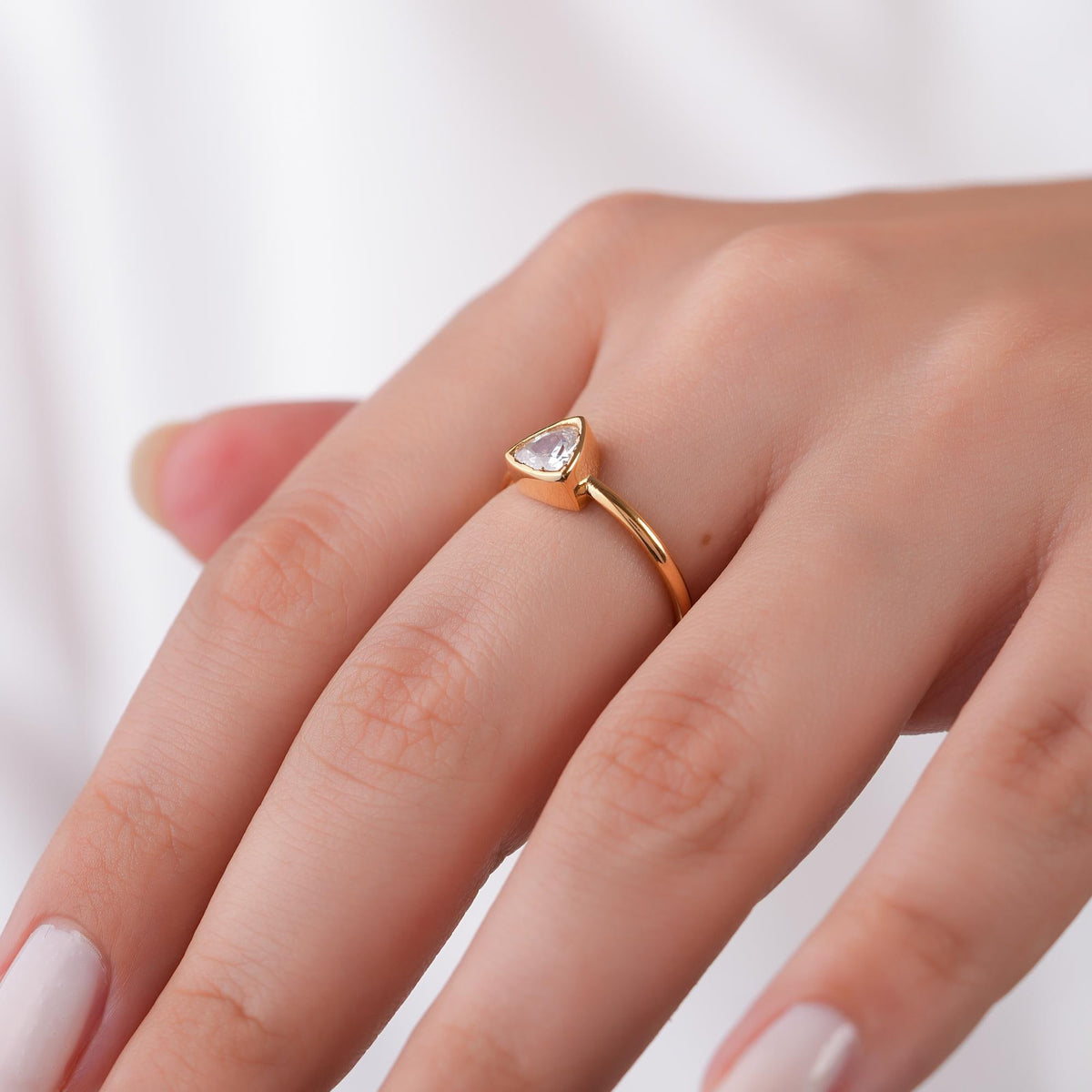 14K Gold Trillion Cut Birthstone Ring, Triangle Bezel Ring, Custom Color Gemstone Ring, Unique Solitaire, Gift for Her