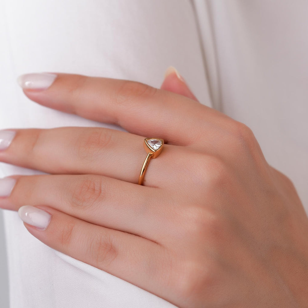 14K Gold Trillion Cut Birthstone Ring, Triangle Bezel Ring, Custom Color Gemstone Ring, Unique Solitaire, Gift for Her