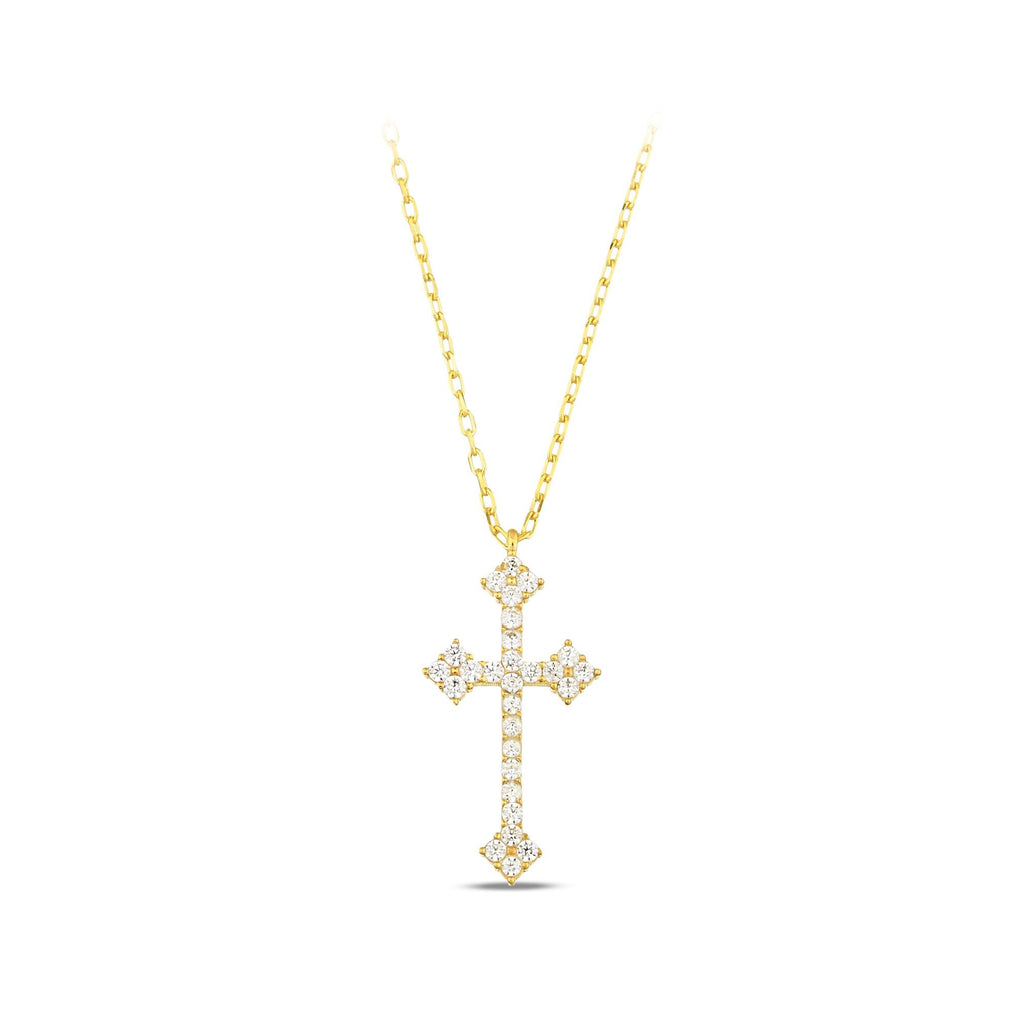14K Gold Budded Cross Necklace, Ornate Lab Diamond Cross Pendant, Gothic Vintage Style Faith Jewelry