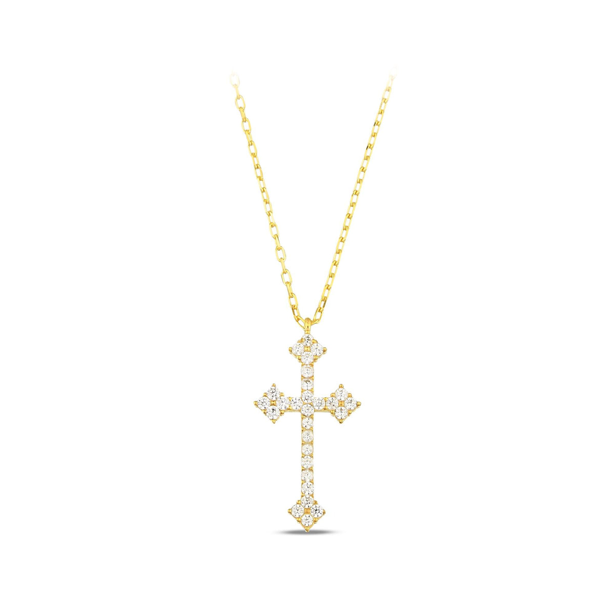 14K Gold Budded Cross Necklace, Ornate Lab Diamond Cross Pendant, Gothic Vintage Style Faith Jewelry