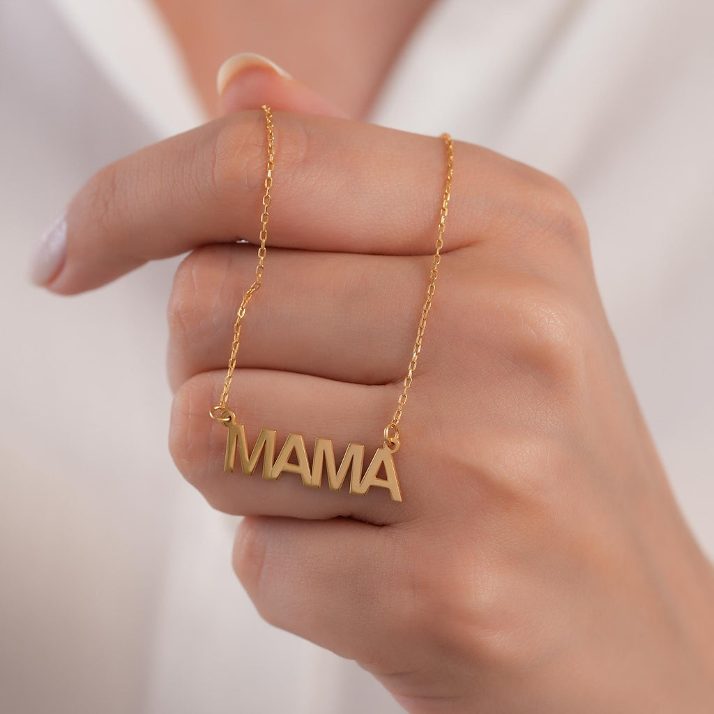 14K Gold Mama Necklace, Solid Gold Nameplate Pendant, New Mom Gift, Mother's Day Jewelry Gift