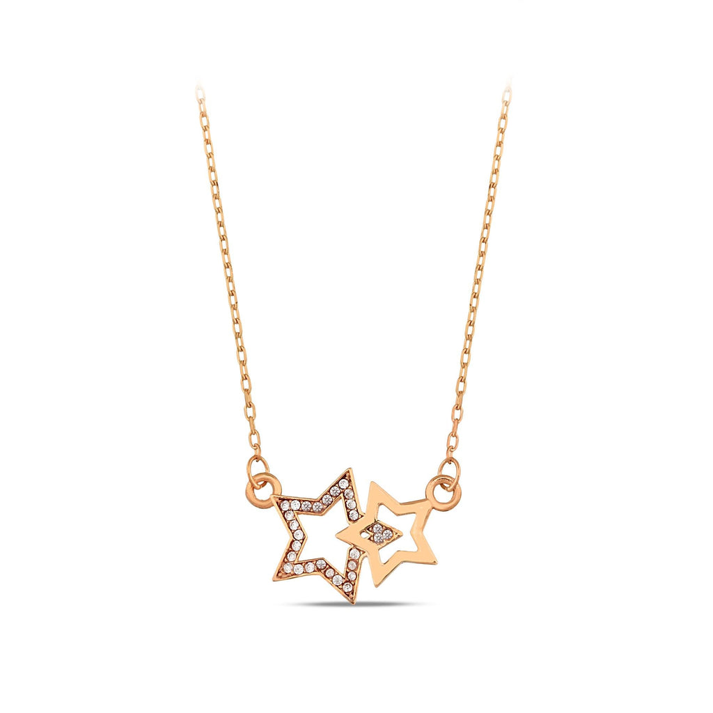 14K Gold Double Star Necklace, Lab Diamond Star Cluster Pendant, Celestial Charm, Gift for Her