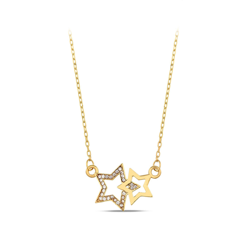 14K Gold Double Star Necklace, Lab Diamond Star Cluster Pendant, Celestial Charm, Gift for Her
