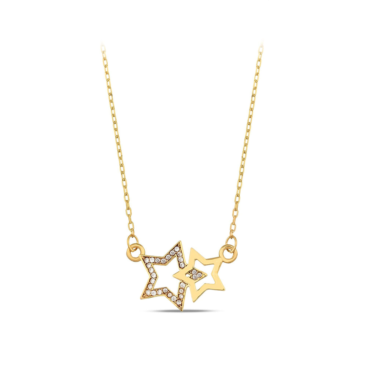 14K Gold Double Star Necklace, Lab Diamond Star Cluster Pendant, Celestial Charm, Gift for Her