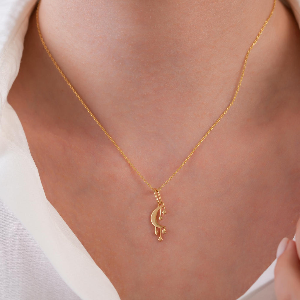 14K Gold Crescent Moon Charm, Dangling Stars Pendant, Celestial Mobile Charm, Whimsical Sky Jewelry, Gift for Her