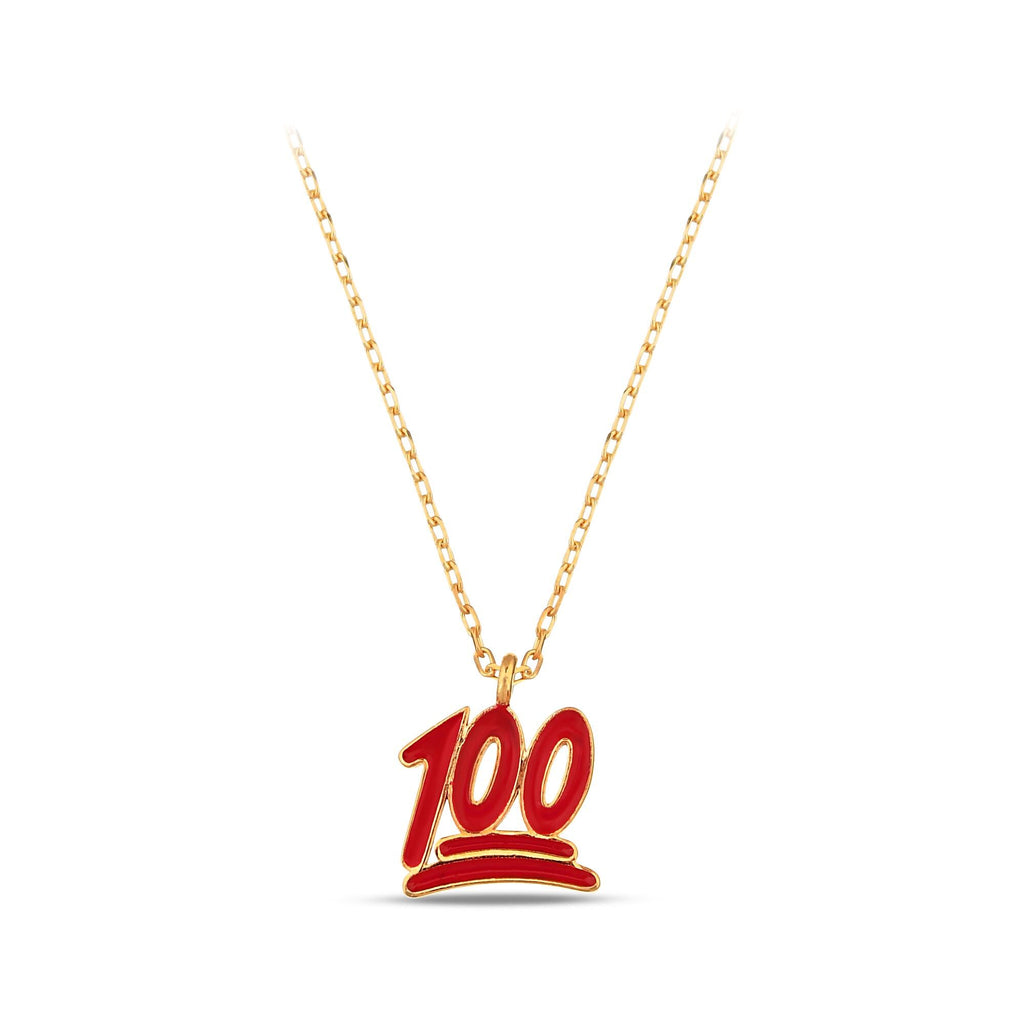 14K Gold 100 Emoji Necklace, Red Enamel Pendant, Trendy Hip Hop Jewelry, Fun Gift for Her Teen
