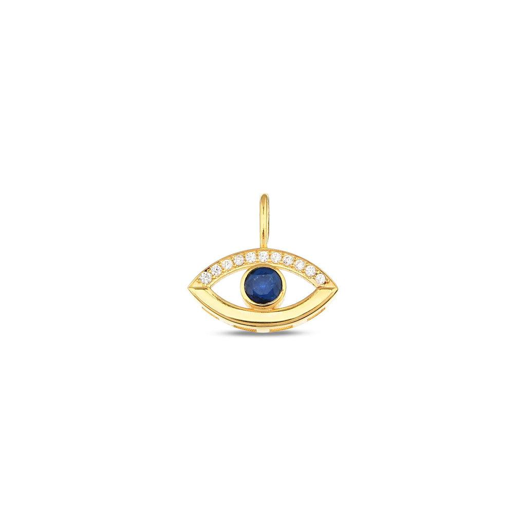 14K Gold Evil Eye Charm, Pave Lab Diamond Sapphire Eye Pendant, Protection Symbol Jewelry, Modern Nazar Charm, Gift for Her