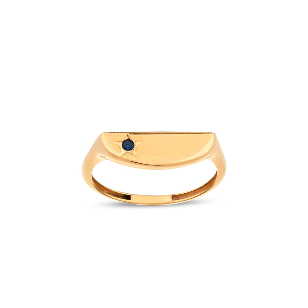 14K Gold Star Signet Ring, Blue Sapphire Accent Ring, Modern Flat Top Ring, Unisex Signet Style, Gift for Her