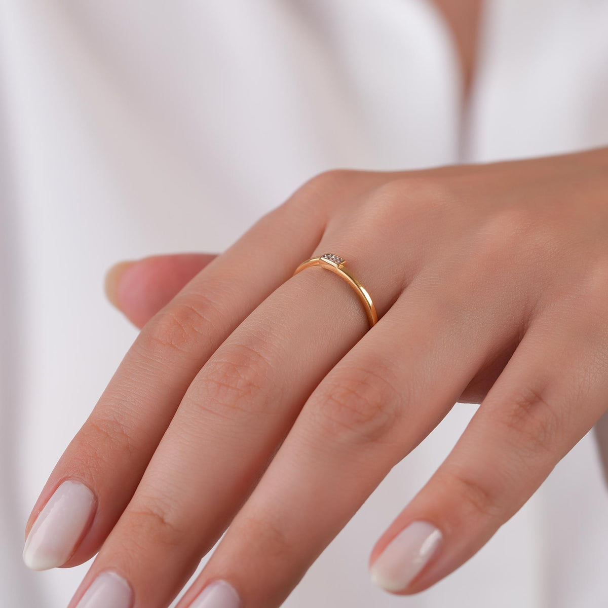 14K Gold Pave Block Ring, Rectangular Lab Diamond Bar Ring, Minimalist Geometric Ring, Dainty Stacking Ring, Gift for Her