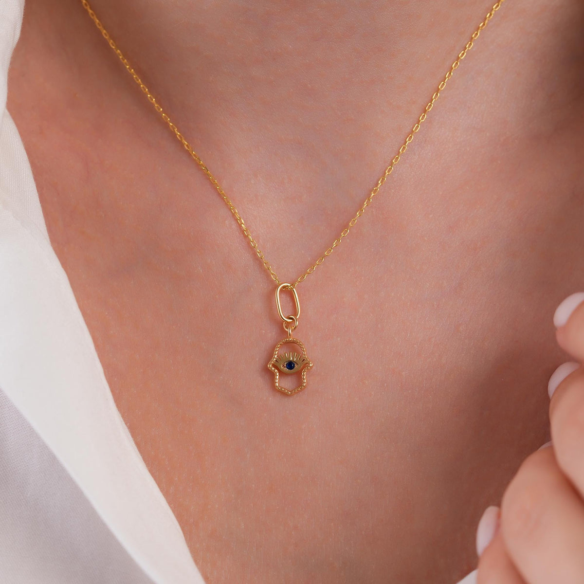 14K Gold Hamsa Evil Eye Charm, Protection Symbol Pendant, Blue Eye Hand of Fatima, Spiritual Talisman Charm, Gift for Her