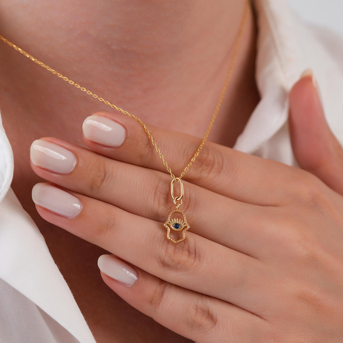 14K Gold Hamsa Evil Eye Charm, Protection Symbol Pendant, Blue Eye Hand of Fatima, Spiritual Talisman Charm, Gift for Her