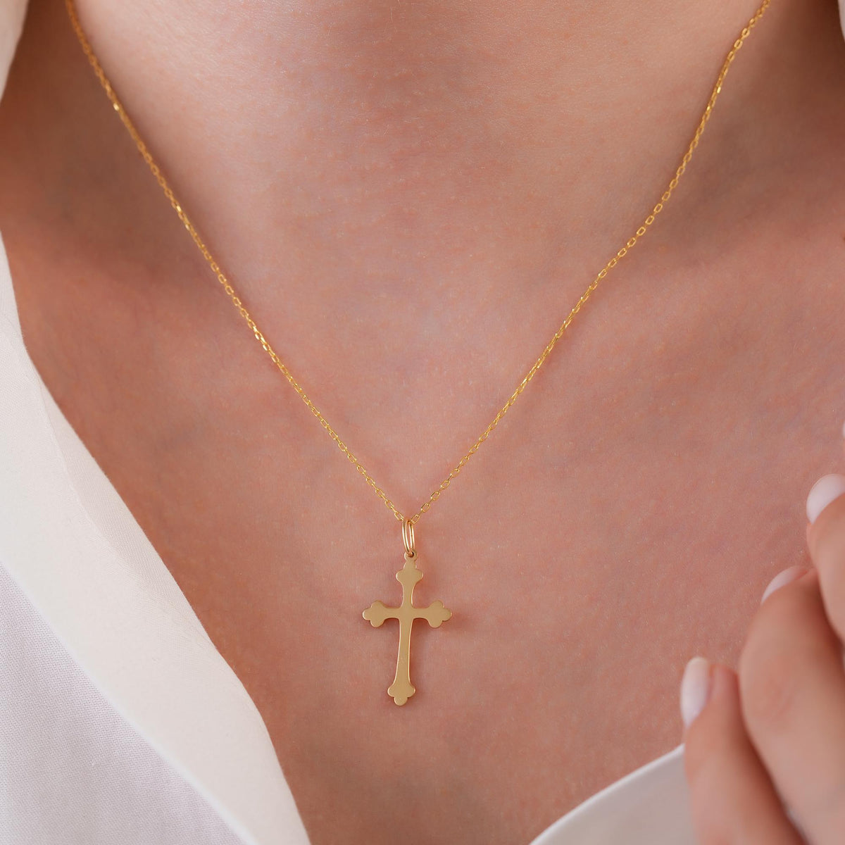 14K Solid Gold Budded Cross Charm, Trefoil Cross Pendant, Orthodox Style Faith Charm, Baptism Confirmation Gift, Gift for Her