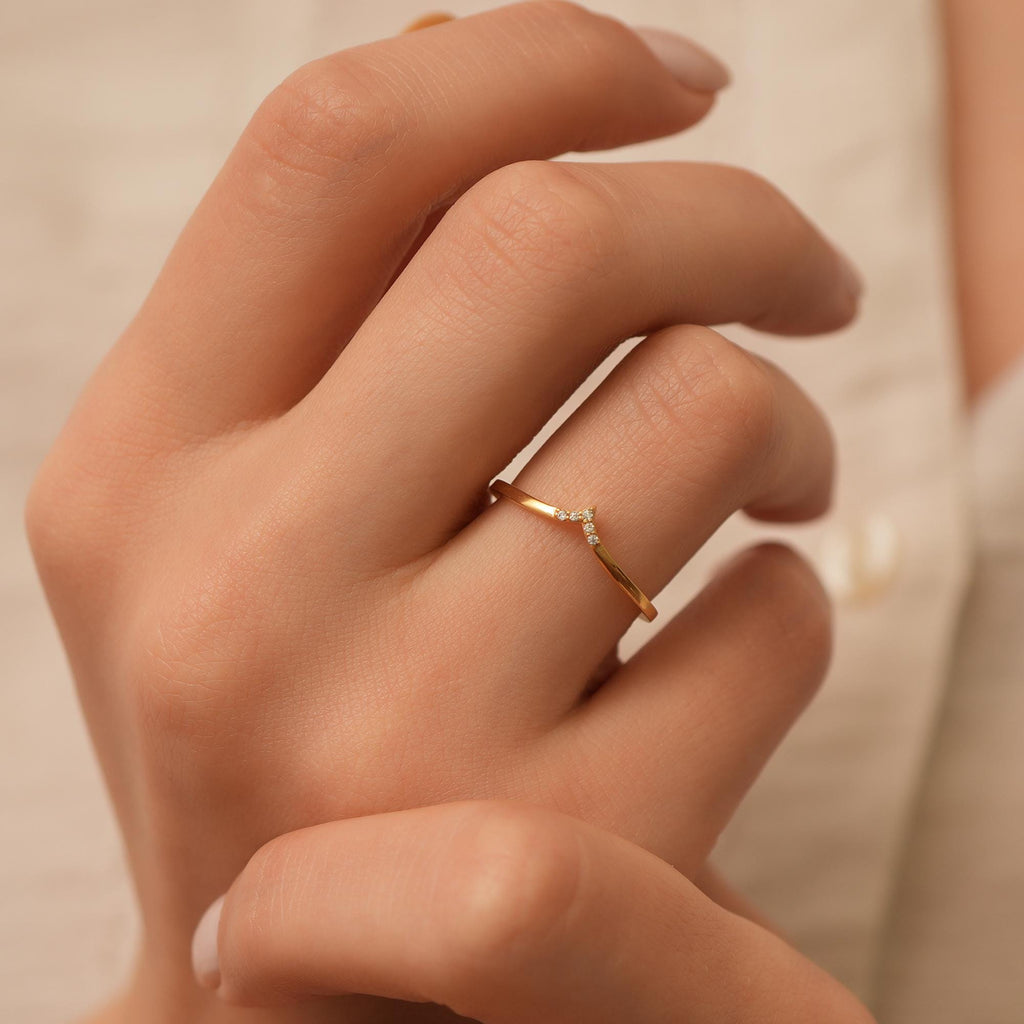 14K Gold Chevron Lab Diamond Ring, Wishbone Stacking Ring, Pave V Shape Ring, Delicate Pointed Ring, Gift for Her