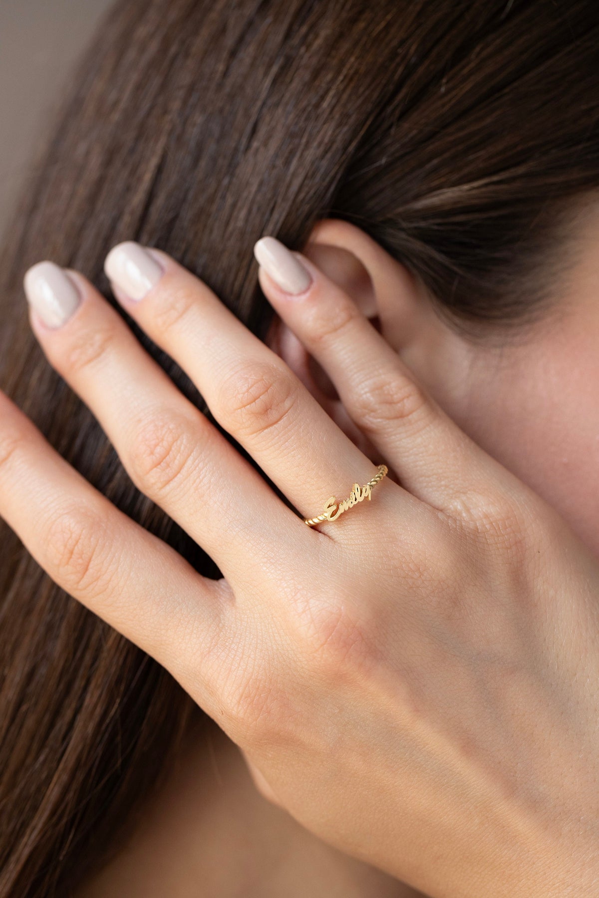 14K Gold Rope Name Ring, Twisted Band Personalized Ring, Custom Script Name Jewelry, Dainty Stacking Ring, Gift for Her
