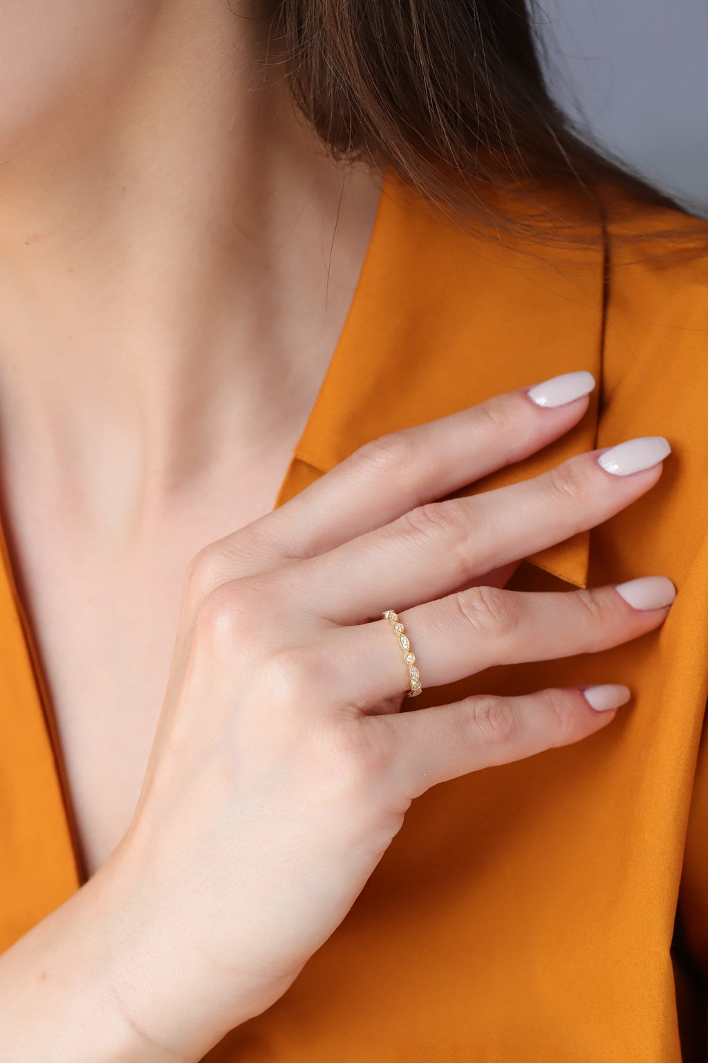 14K Gold Eternity Ring, Alternating Round Marquise Lab Diamond Band, Vintage Milgrain Stacking Ring, Antique Style Gift for Her